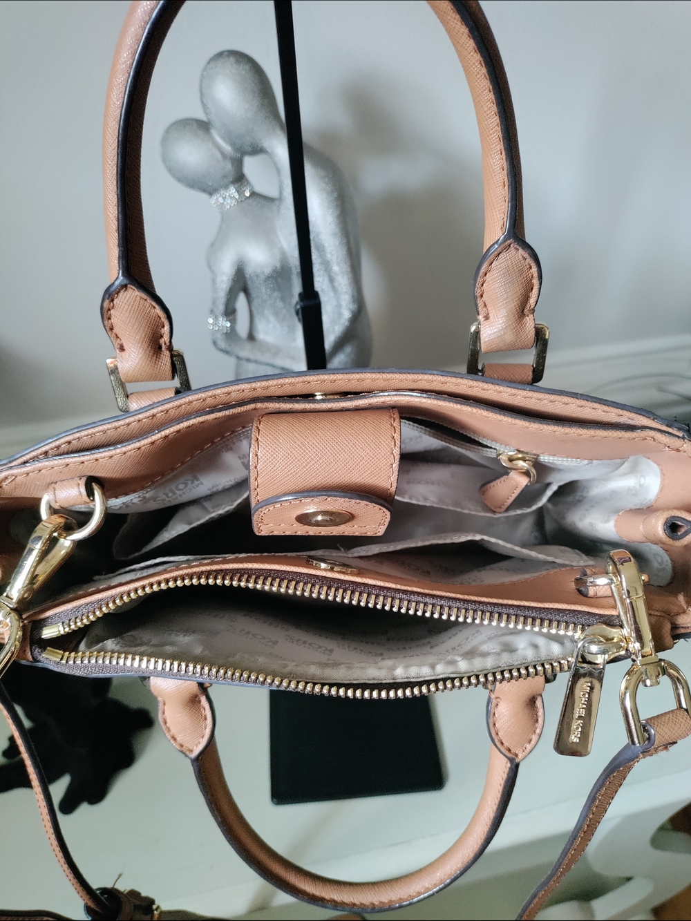 Michael Kors Brown Logo Satchel with Tan Handles and Gold Studs - Picture 3 of 7